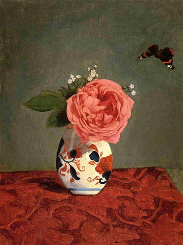 Garden Rose and Blue Forget-Me-Nots in a Vase