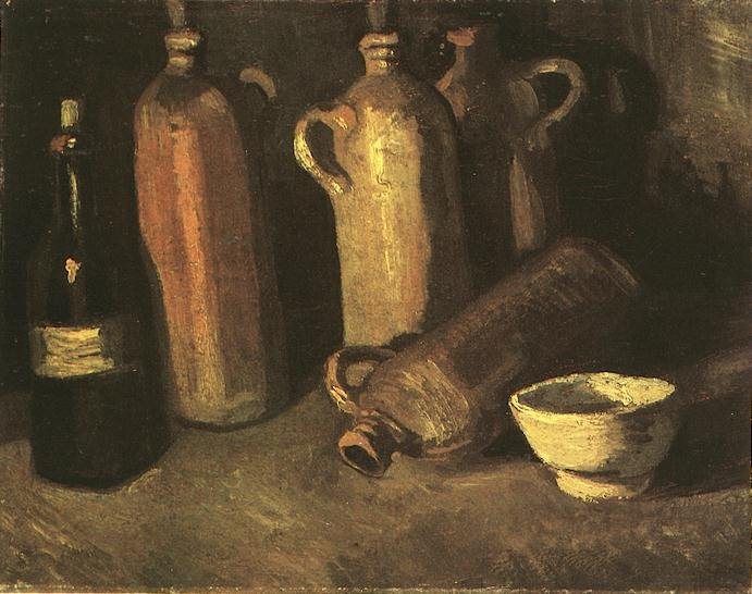 1884 Still Life with Four Stone Bottles, Flask and White Cup