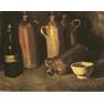 1884 Still Life with Four Stone Bottles, Flask and White Cup