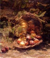 A Wicker Basket Of Plums Apricots And A Pumpkin