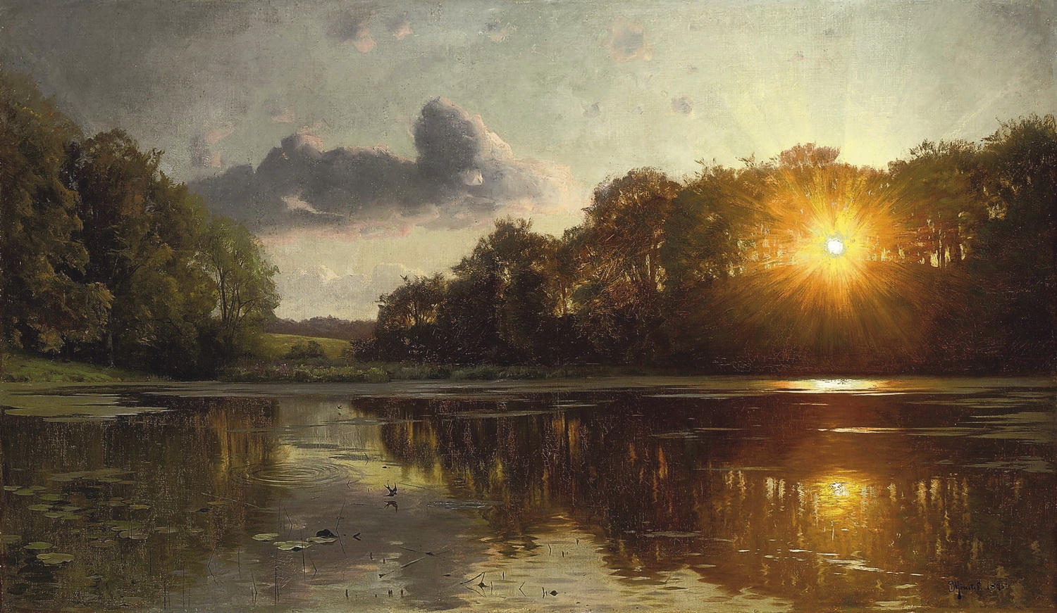 Peder Mønsted - Sunset over a forest lake