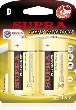 Батарейка щелочная SUPRA (D) LR20-BP2 алкалиновые 815167 (2 шт. в уп.)