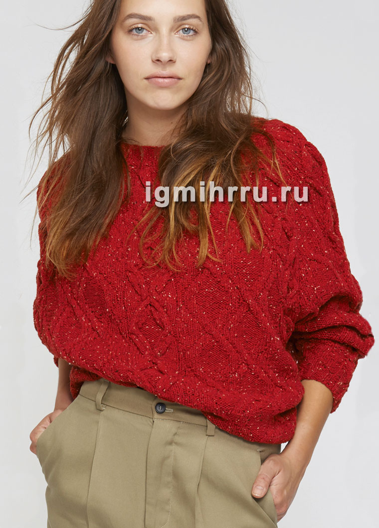 Красный пуловер с фантазийным узором. Вязание спицами
