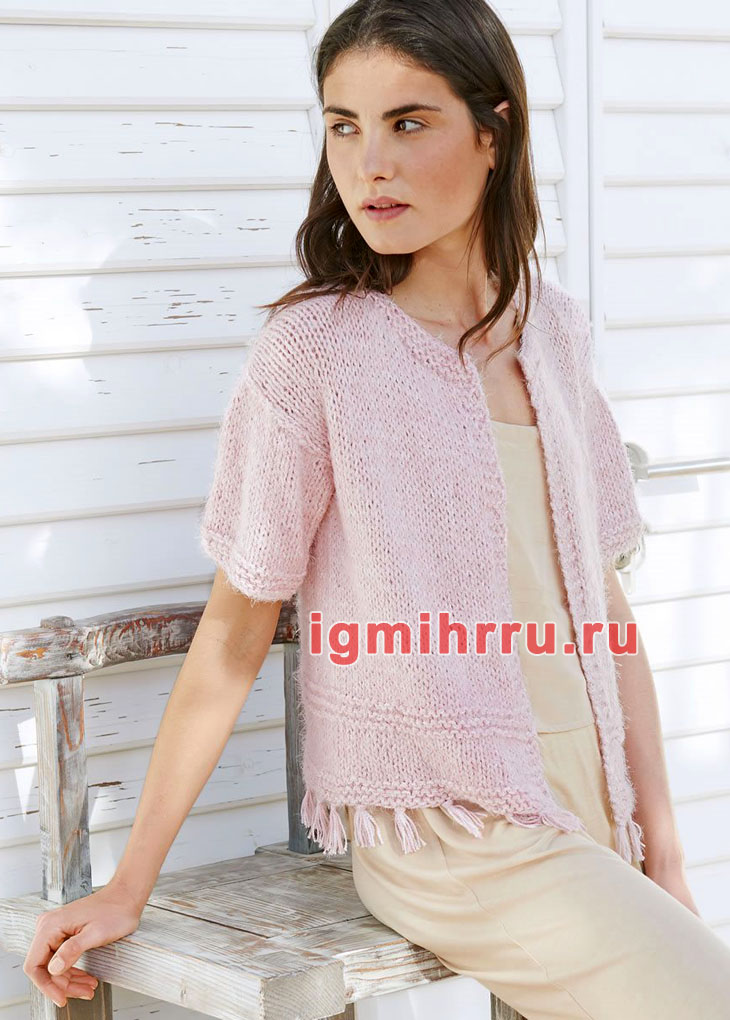 Женственный розово-белый жакет с кисточками бахромы. Вязание спицами