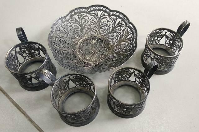 4 подстаканника + конфетница, мельхиор скань (продажа)