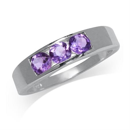 3-Stone Natural Amethyst 925 Sterling Silver Band Ring RN0079990