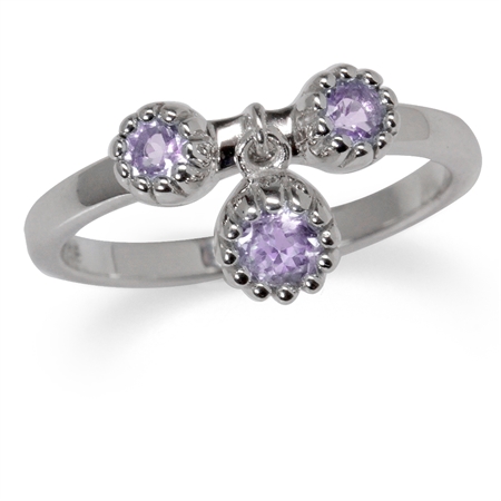 3-Stone Dangle Natural Amethyst White Gold Plated 925 Sterling Silver Stack/Stackable Ring RN0090933