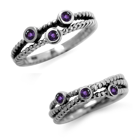 3-Stone Natural African Amethyst 925 Sterling Silver 2-Pc Set Stack/Stackable Ring RN0092562