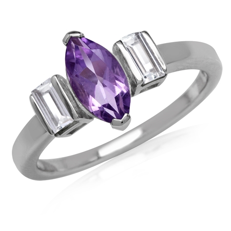 Natural Marquise Shape Amethyst & White Topaz Gold Plated 925 Sterling Silver Ring RN0092699