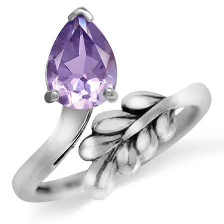 Natural Amethyst White Gold Plated 925 Sterling Silver Bypass Leaf Adjustable Ring RN0093703