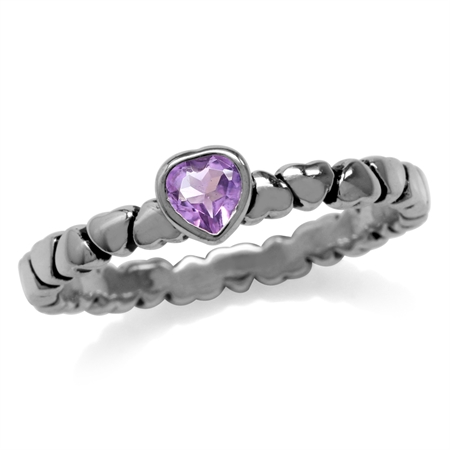 Natural Amethyst 925 Sterling Silver Stack/Stackable Heart Solitaire Ring RN0094311