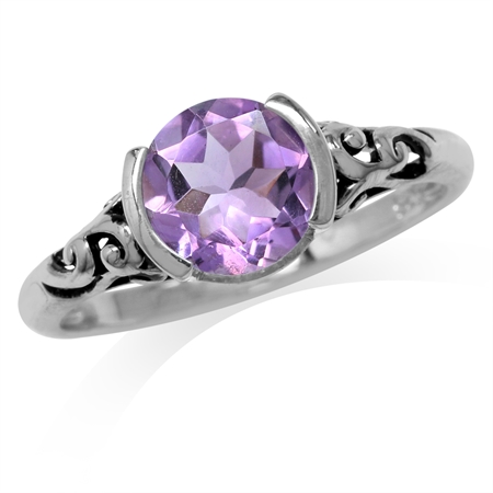 1.76ct. 8MM Natural Round Shape Amethyst 925 Sterling Silver Filigree Solitaire Ring RN0094712