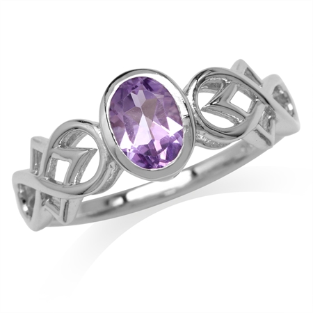 Natural Oval Shape Amethyst White Gold Plated 925 Sterling Silver Filigree Infinity Knot Ring RN0094910