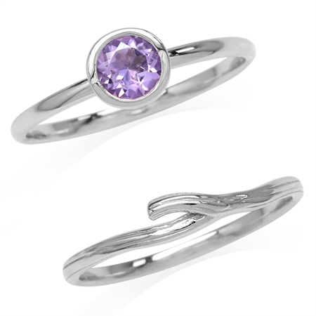 Set of 2 Natural Amethyst White Gold Plated 925 Sterling Silver Bezel Set & Textured Band Ring RN0095131