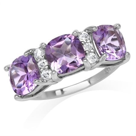 4.08ct. 3-Stone Natural Cushion Shape Amethyst White Gold Plated 925 Sterling Silver Ring RN0095109