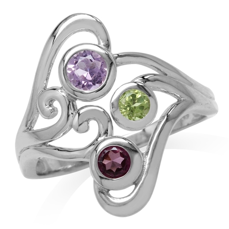 Amethyst, Peridot & Rhodolite Garnet White Gold Plated 925 Sterling Silver Swirl & Spiral Ring RN0095261