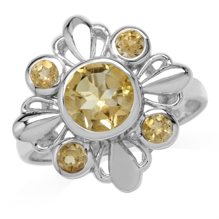 1.65ct. Natural Round Shape Citrine White Gold Plated 925 Sterling Silver Flower Ring RN0095394