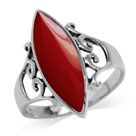 Created Red Coral Inlay White Gold Plated 925 Sterling Silver Filigree Ring RN0031516