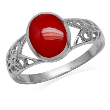 Created Red Coral White Gold Plated 925 Sterling Silver Filigree Solitaire Ring RN0093427