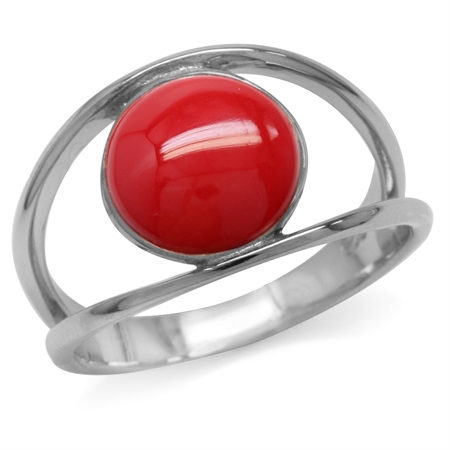 Created Red Coral White Gold Plated 925 Sterling Silver Solitaire Ring RN0094232