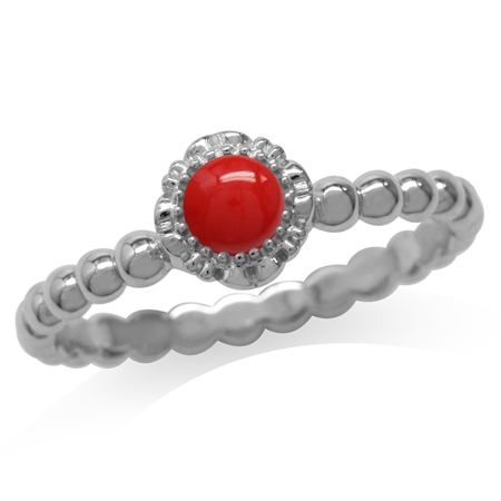 Created Red Coral White Gold Plated 925 Sterling Silver Flower Stack/Stackable Ring RN0094301