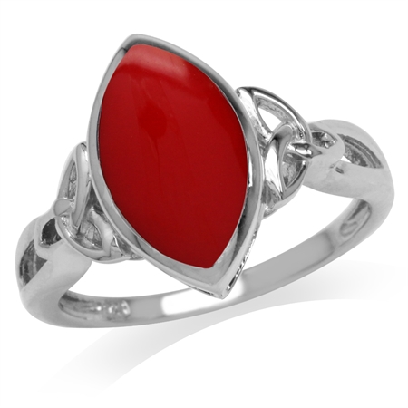 Created Red Coral Inlay White Gold Plated 925 Sterling Silver Triquetra Celtic Knot Solitaire Ring RN0095134