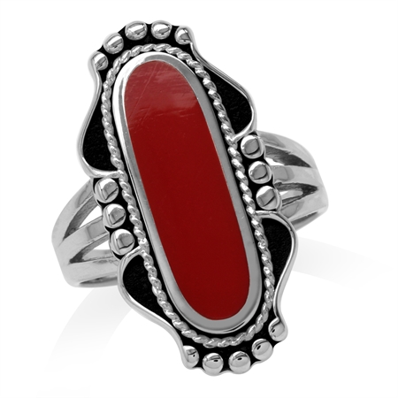 Long Created Red Coral Inlay 925 Sterling Silver Baroque Inspired Ring RN0095292