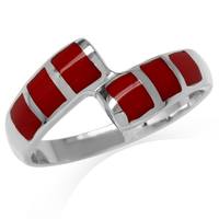 Created Red Coral Inlay White Gold Plated 925 Sterling Silver Bypass Casual Ring RN0095551
