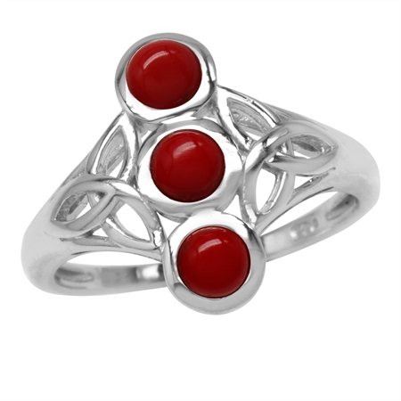 3-Stone 4MM Round Shape Created Red Coral 925 Sterling Silver Triquetra Celtic Knot Ring RN0095887