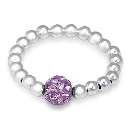 Light Amethyst Crystal Rhinestone & Sterling Silver Ball Bead Stretch Stack/Stackable Ring RN0076696