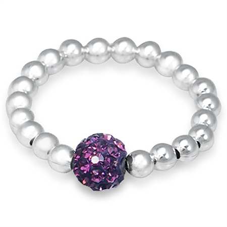 Amethyst Crystal Rhinestone & Sterling Silver Ball Bead Stretch Stack/Stackable Ring RN0076698