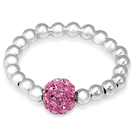 Light Rose Pink Crystal Rhinestone & Sterling Silver Ball Bead Stretch Stack/Stackable Ring RN0076897