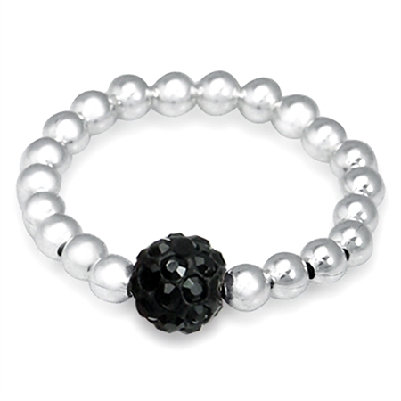 Jet Black Crystal Rhinestone & Sterling Silver Ball Bead Stretch Stack/Stackable Ring RN0076702