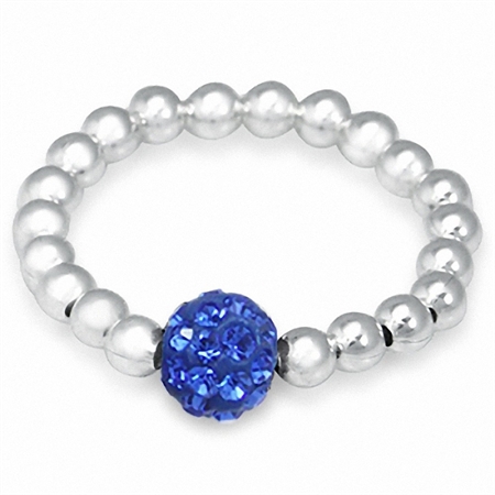 Sapphire Blue Crystal Rhinestone & Sterling Silver Ball Bead Stretch Stack/Stackable Ring RN0076703