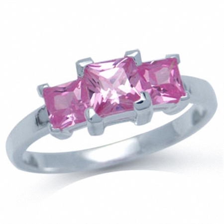 3-Stone Square Shape Pink CZ 925 Sterling Silver Ring RN0056902