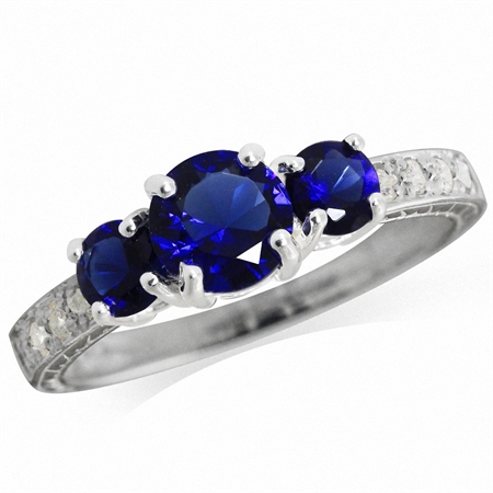 3-Stone Sapphire Blue & White CZ 925 Sterling Silver Ring RN0062094
