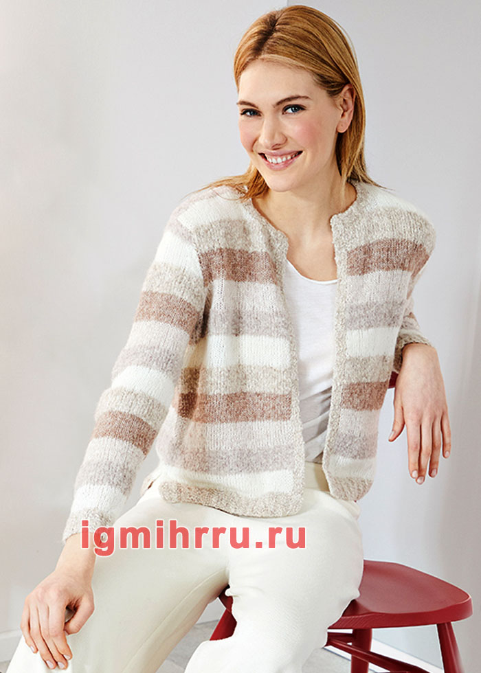 Уютный полосатый жакет пастельных тонов. Вязание спицами