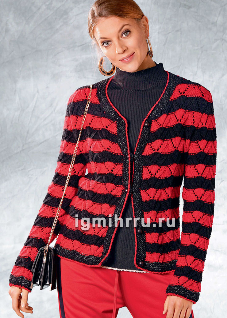 Шерстяной жакет в черно-красную полоску. Вязание спицами