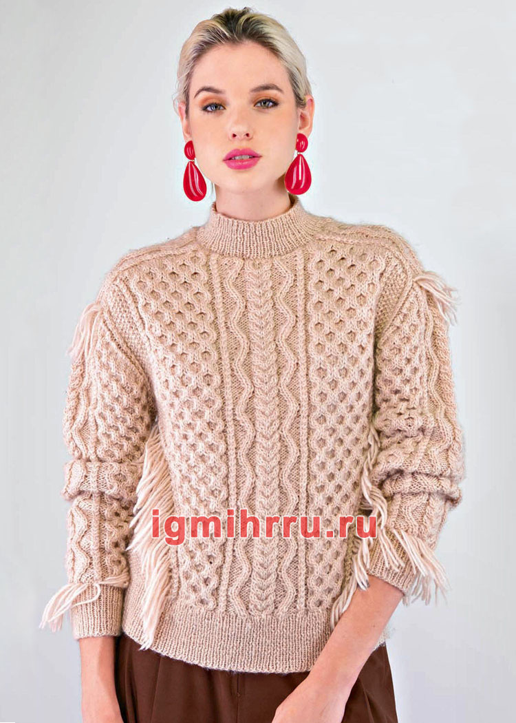 Кремовый шерстяной пуловер с миксом узоров. Вязание спицами