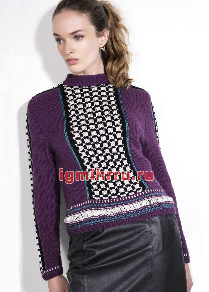 Нарядный шерстяной пуловер с фантазийными узорами. Вязание спицами
