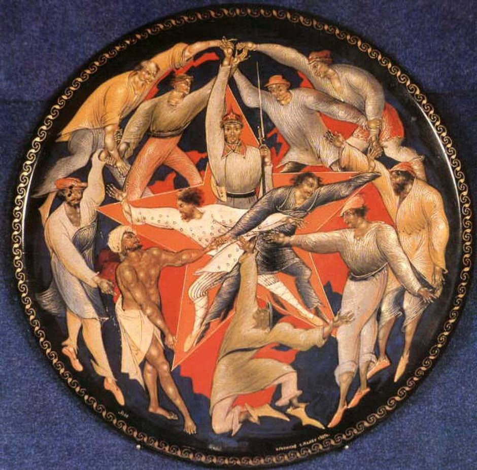 Аллегорическое представление III Интернационала. Палехская миниатюра, Иван Голиков, 1927 г.