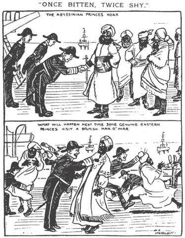 Газетная карикатура: «Обжегшись на молоке, дуешь и на воду. Мистификация с абиссинскими принцами. Вот что произойдет в следующий раз, когда настоящие восточные принцы посетят британских военных».