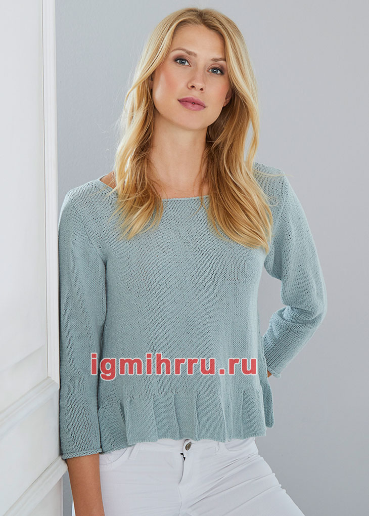 Серо-голубой пуловер с баской. Вязание спицами