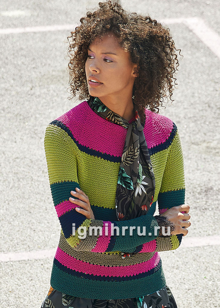 Полосатый пуловер с круглой кокеткой. Вязание спицами