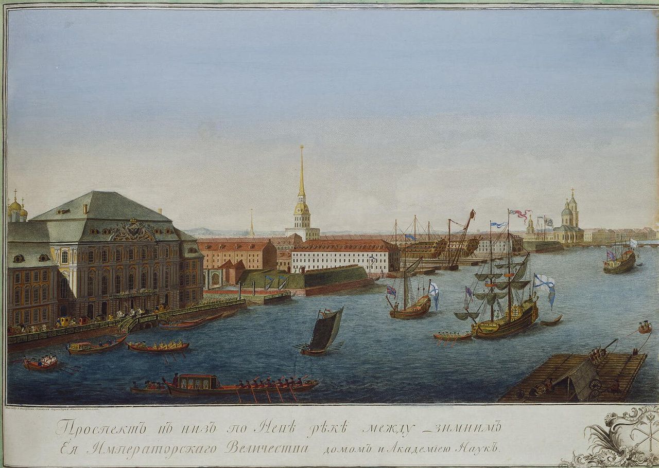 1280px-Makhayev, Kachalov - View of Neva Downstream between Winter Palace and Academy of Sciences 1753 (left)