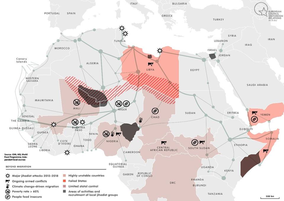 Маршруты миграции в Африке по направлению в Европу