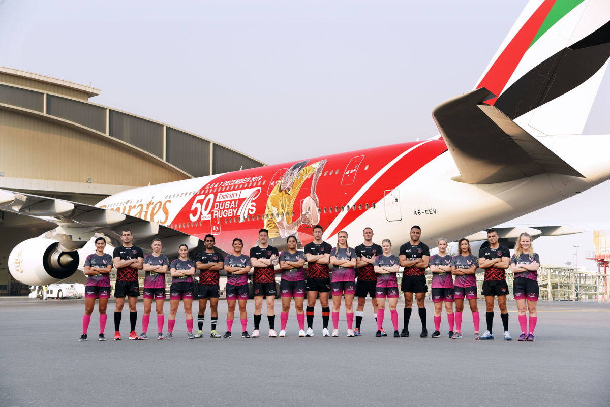 Emirates Dubai Rugby Sevens A380 livery marking the flagship event’s