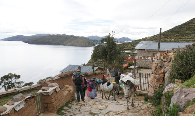 Pack Donkeys, Isla del Sol, Lake Titicaca, Bolivia. Traditional Bolivian ladies.