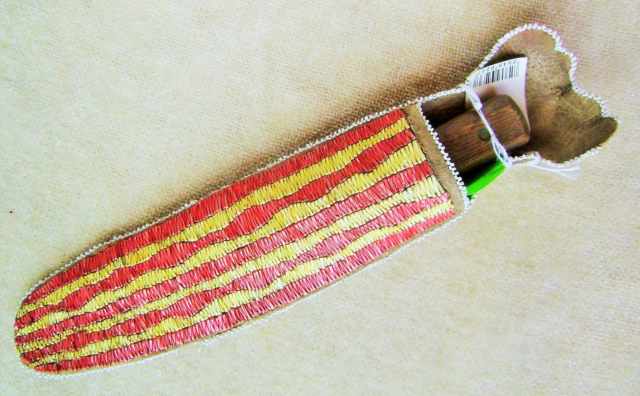 003 Quilled knife sheath yellow and red quilled knife sheath trimmed with white beads 12" x 3"