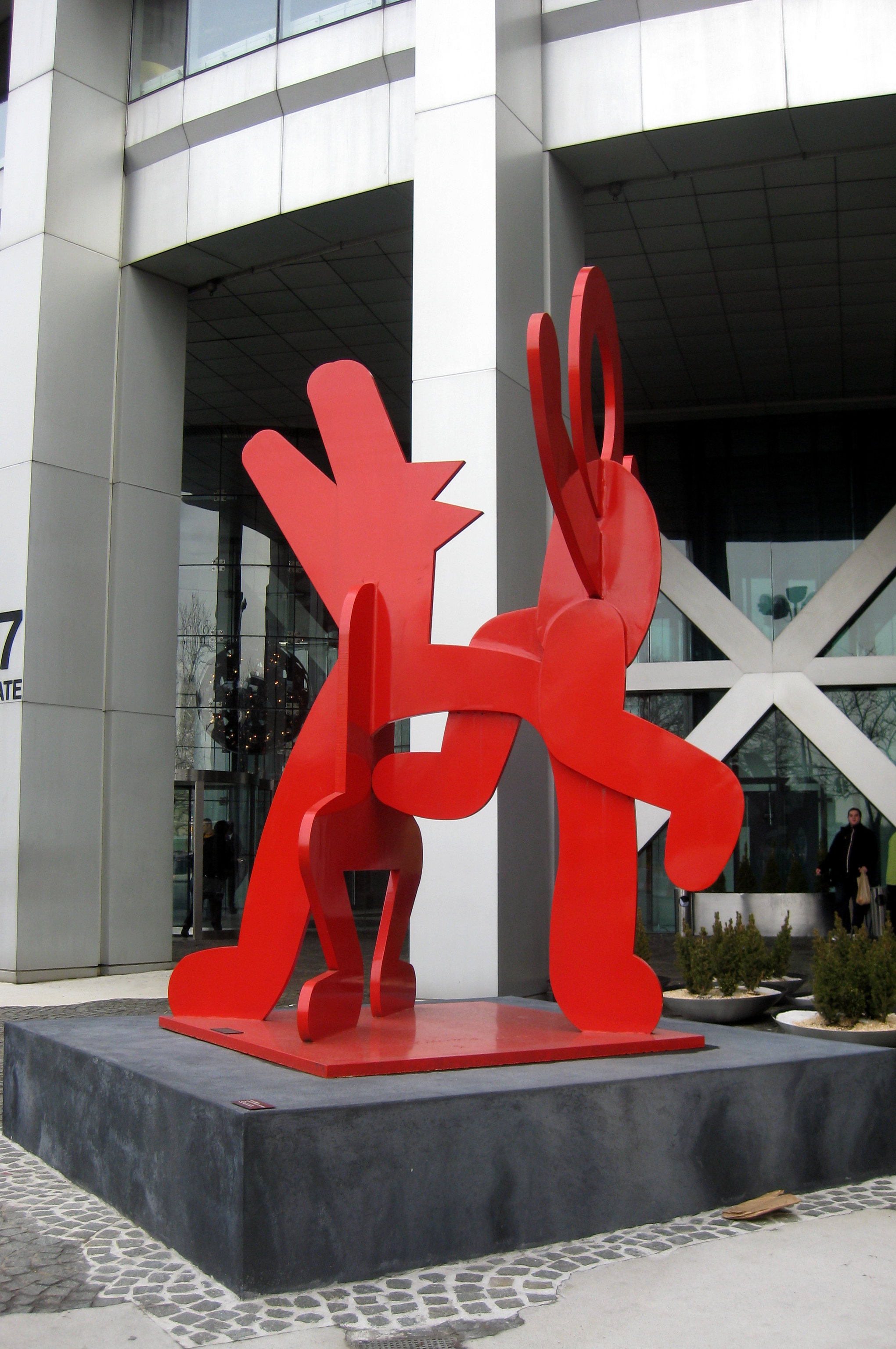 NYC: 17 State Street - Untitled (Figure Balancing on Dog) Untitled (Figure Balancing on Dog), a 1986 sculpture by Keith Haring, sits outside 17 State Street. Part of The Lever House Art Collection, the painted steel sculpture stands 12-feet by 10-feet by 10-feet.